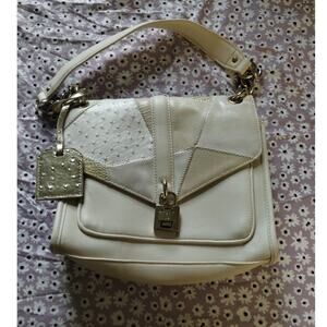 Steve Madden Padlock Flip Satchel Cream Patchwork Neutral Shoulder/Handbag Purse
